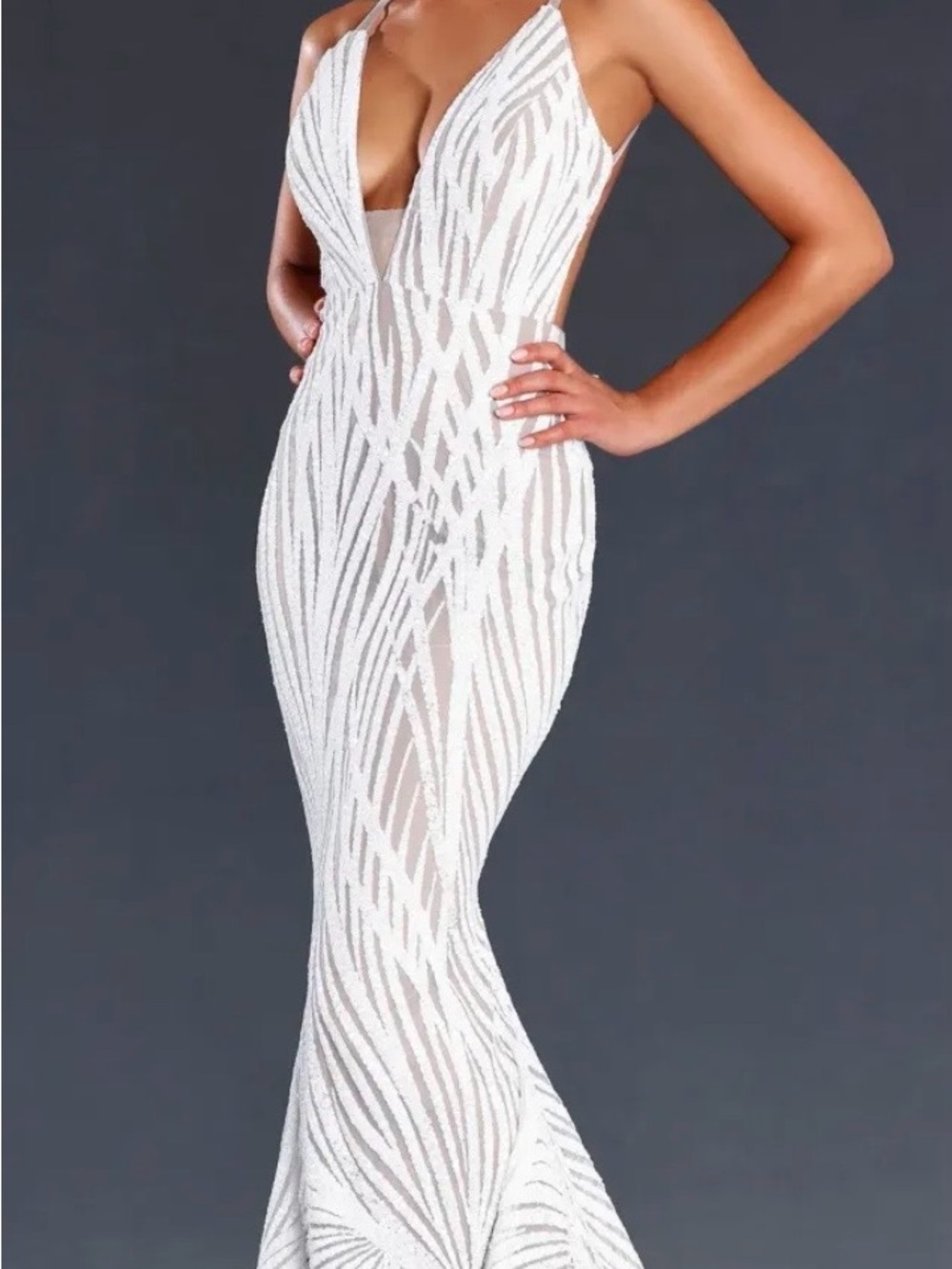 Jadore White Sequin Plunge V-Neck Mermaid Dress